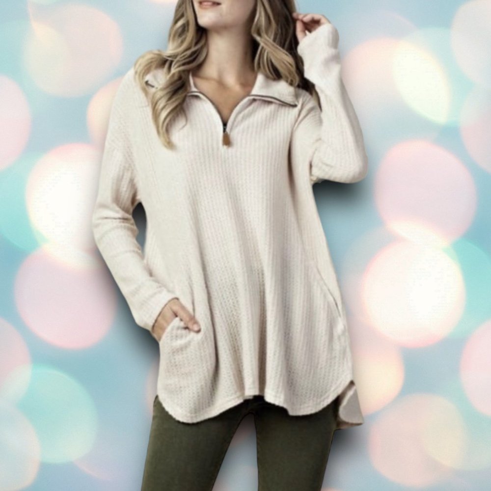 Kori America Women’s Quarter Zip Waffle Knit Oversized Sweater Size S